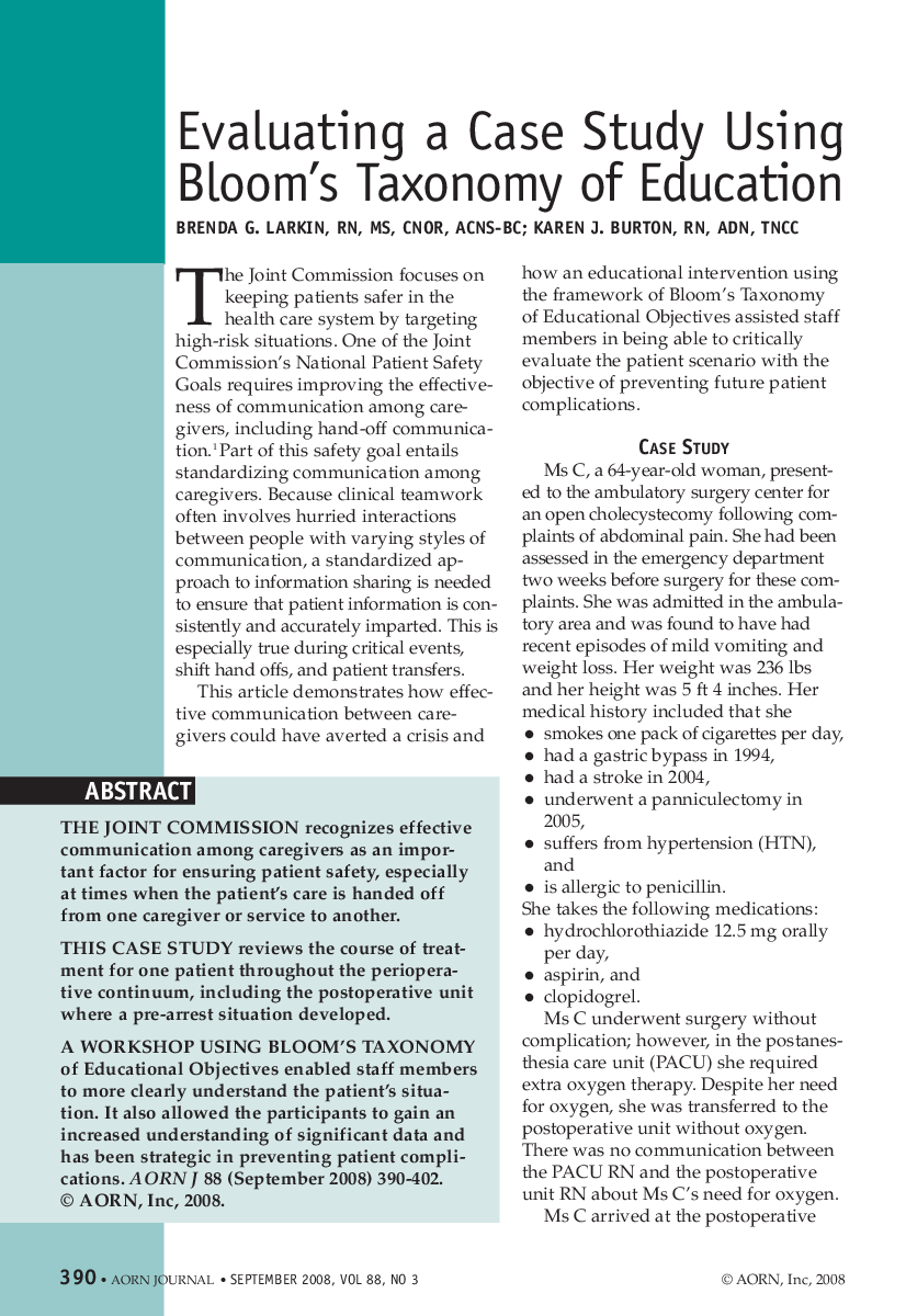 Evaluating a Case Study Using Bloom's Taxonomy of Education