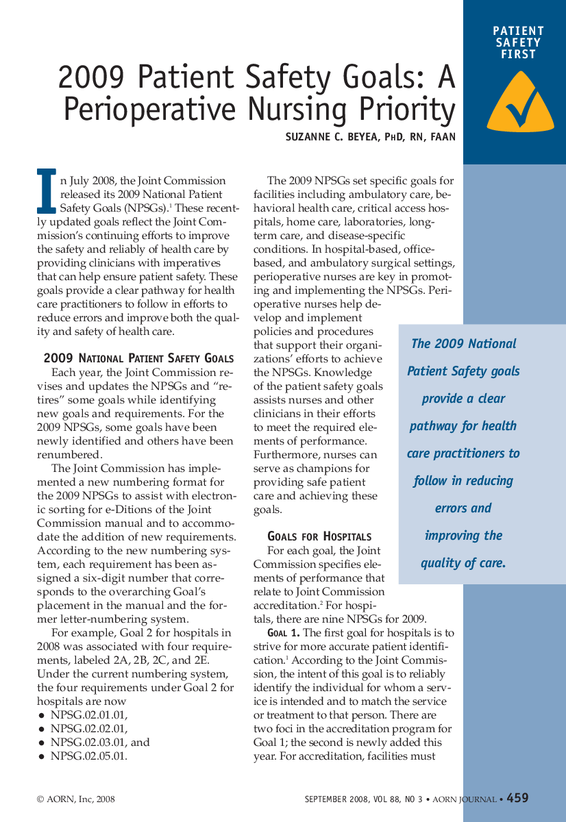 عکس صفحه اول مقاله: 2009 Patient Safety Goals: A Perioperative Nursing Priority 2009 Patient Safety Goals: A Perioperative Nursing Priority