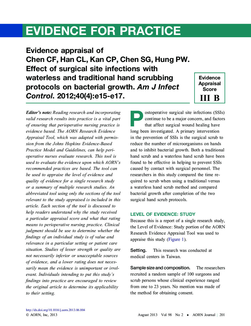 عکس صفحه اول مقاله: Evidence appraisal of Chen CF, Han CL, Kan CP, Chen SG, Hung PW. Effect of surgical site infections with waterless and traditional hand scrubbing protocols on bacterial growth. Am J Infect Control. 2012;40(4):e15-e17. Evidence appraisal of Chen CF, Han CL, Kan CP, Chen SG, Hung PW. Effect of surgical site infections with waterless and traditional hand scrubbing protocols on bacterial growth. Am J Infect Control. 2012;40(4):e15-e17.