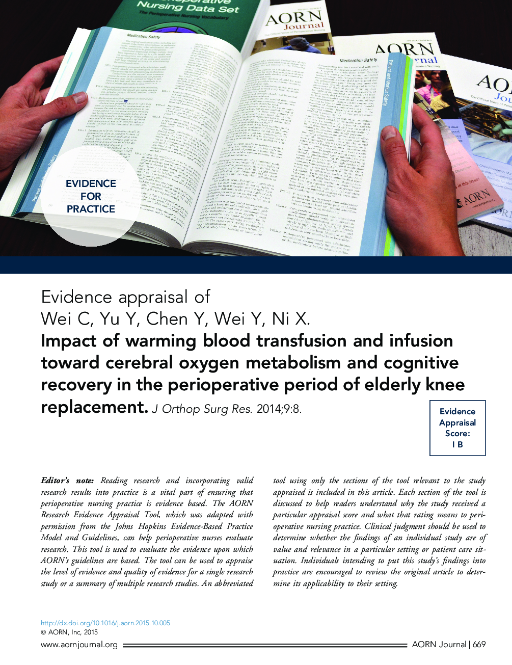 Evidence appraisal of Wei C, Yu Y, Chen Y, Wei Y, Ni X. Impact of warming blood transfusion and infusion toward cerebral oxygen metabolism and cognitive recovery in the perioperative period of elderly knee replacement