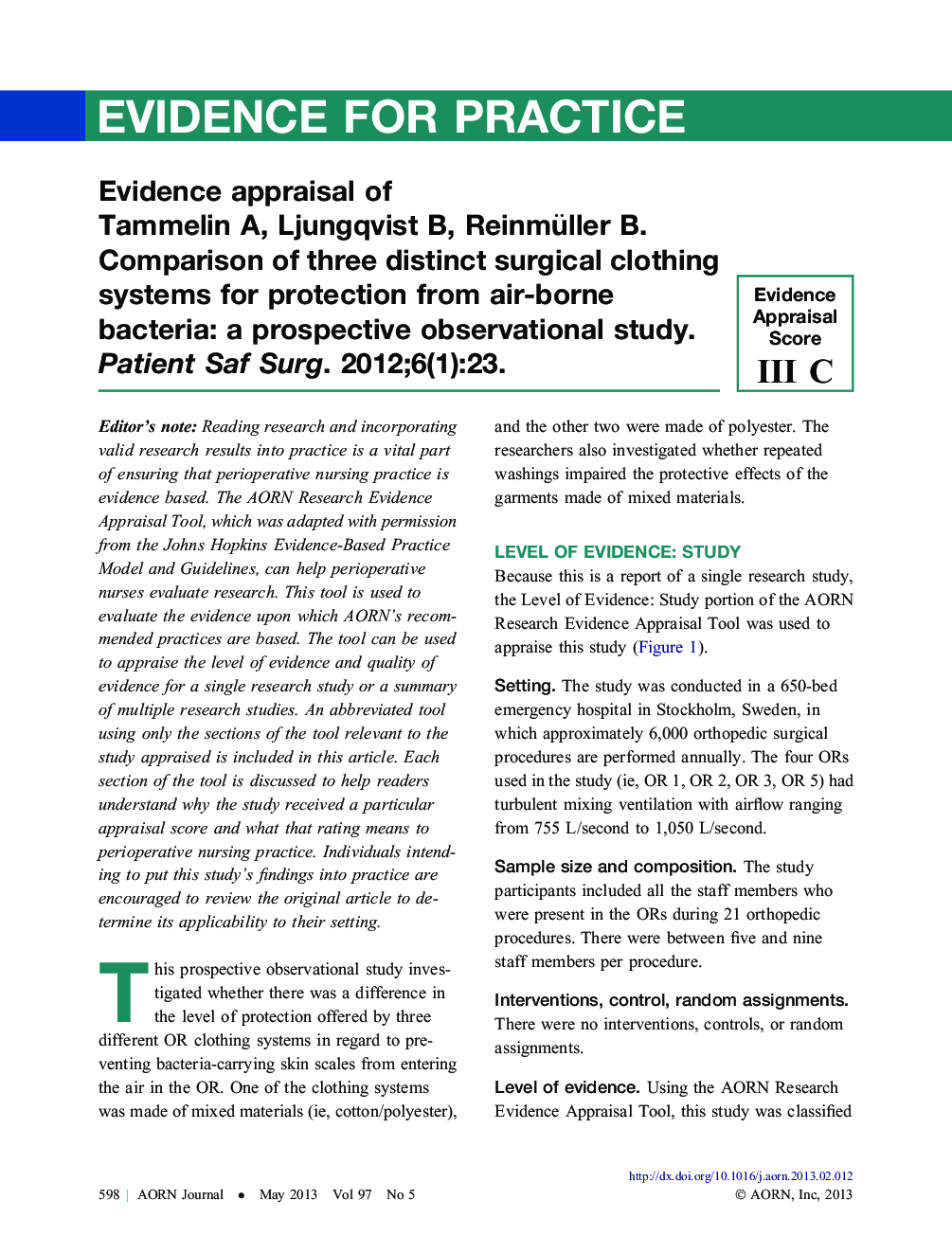 عکس صفحه اول مقاله: Evidence appraisal of Tammelin A, Ljungqvist B, Reinmüller B. Comparison of three distinct surgical clothing systems for protection from air-borne bacteria: a prospective observational study. Patient Saf Surg. 2012;6(1):23. Evidence appraisal of Tammelin A, Ljungqvist B, Reinmüller B. Comparison of three distinct surgical clothing systems for protection from air-borne bacteria: a prospective observational study. Patient Saf Surg. 2012;6(1):23.