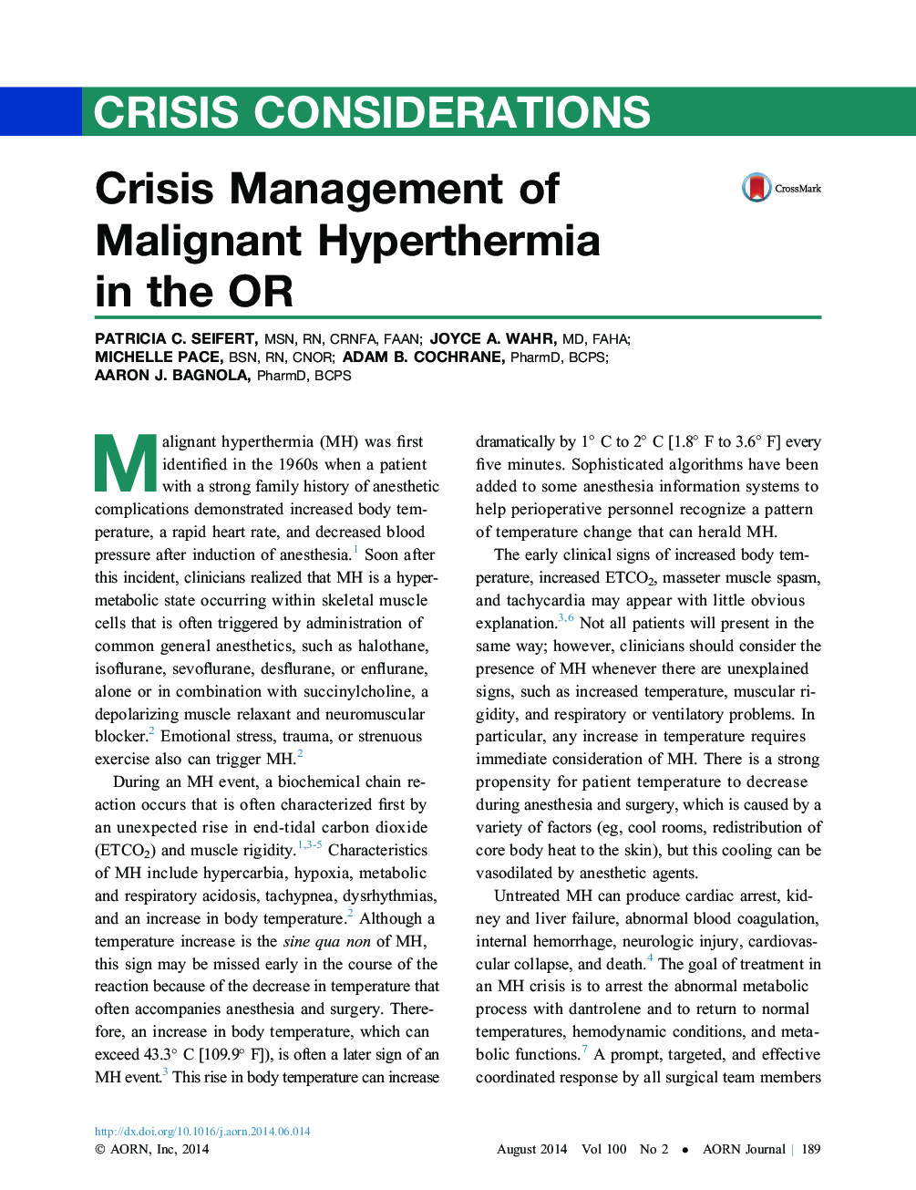 عکس صفحه اول مقاله: Crisis Management of Malignant Hyperthermia in the OR Crisis Management of Malignant Hyperthermia in the OR