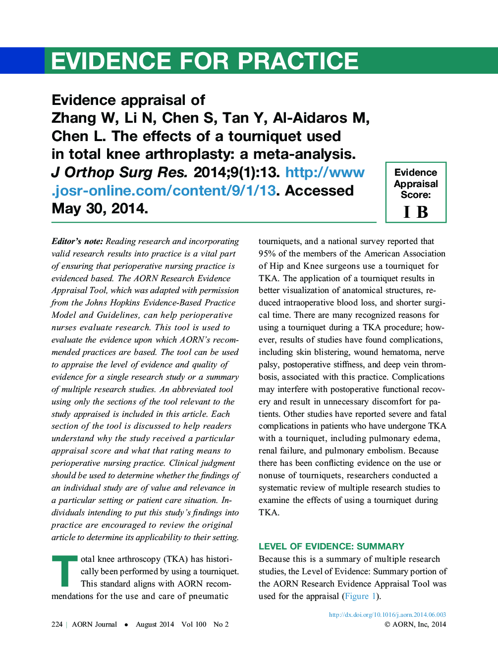 عکس صفحه اول مقاله: Evidence appraisal of Zhang W, Li N, Chen S, Tan Y, Al-Aidaros M, Chen L. The effects of a tourniquet used in total knee arthroplasty: a meta-analysis. J Orthop Surg Res. 2014;9(1):13. http://www.josr-online.com/content/9/1/13. Accessed May 30, 2014. Evidence appraisal of Zhang W, Li N, Chen S, Tan Y, Al-Aidaros M, Chen L. The effects of a tourniquet used in total knee arthroplasty: a meta-analysis. J Orthop Surg Res. 2014;9(1):13. http://www.josr-online.com/content/9/1/13. Accessed May 30, 2014.