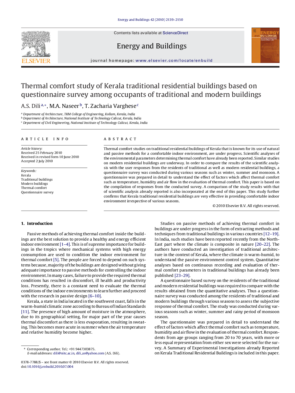 Thermal comfort study of Kerala traditional residential buildings based on questionnaire survey among occupants of traditional and modern buildings