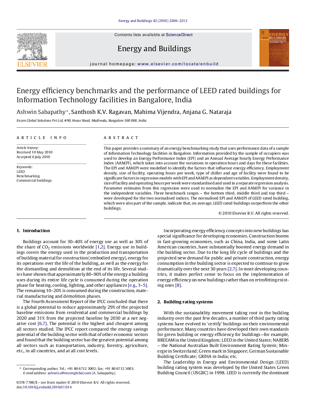 Energy efficiency benchmarks and the performance of LEED rated buildings for Information Technology facilities in Bangalore, India