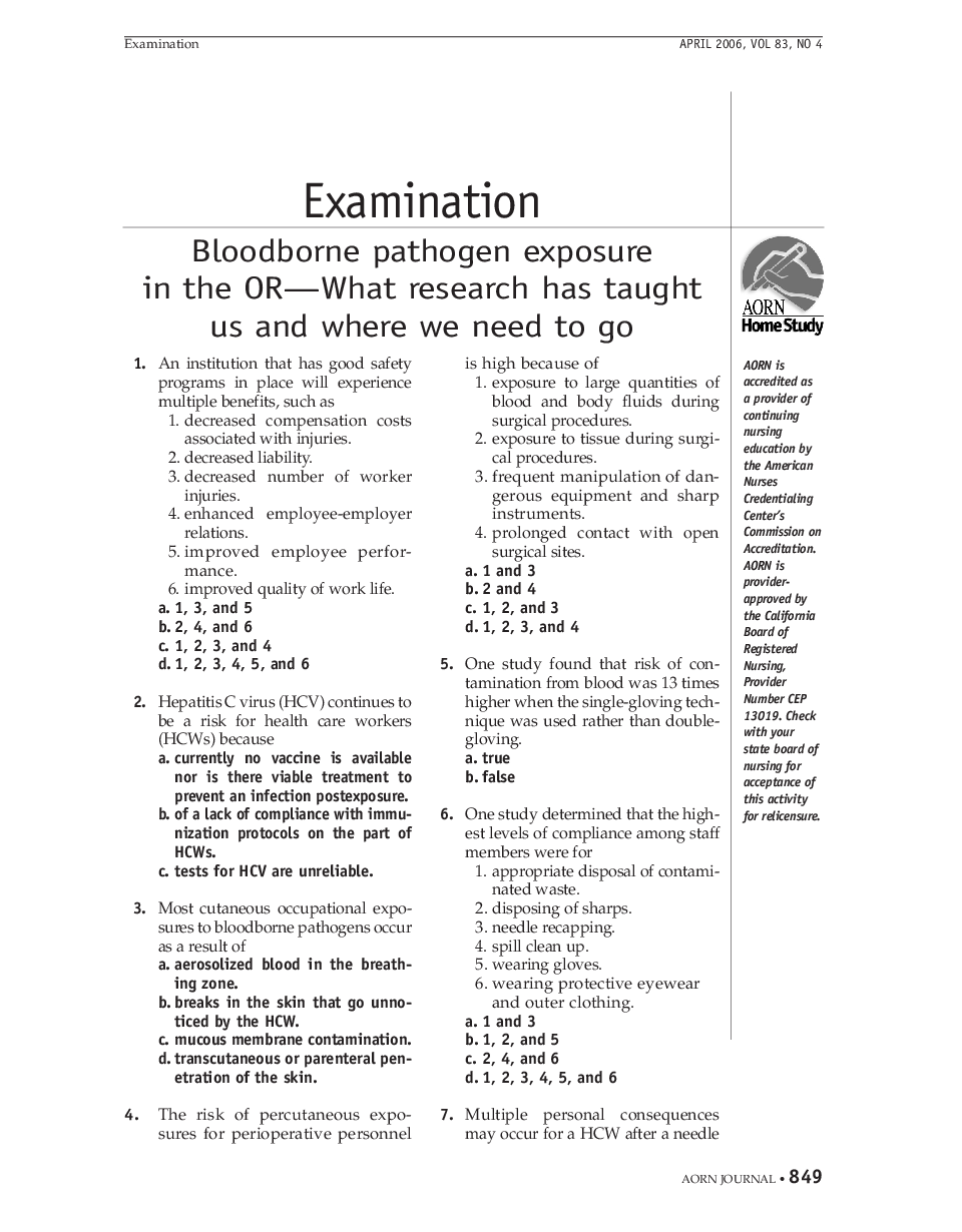 عکس صفحه اول مقاله: Examination: Bloodborne pathogen exposure in the OR-What research has taught us and where we need to go Examination: Bloodborne pathogen exposure in the OR-What research has taught us and where we need to go