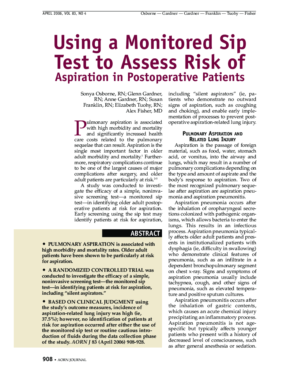 عکس صفحه اول مقاله: Using a Monitored Sip Test to Assess Risk of Aspiration in Postoperative Patients Using a Monitored Sip Test to Assess Risk of Aspiration in Postoperative Patients