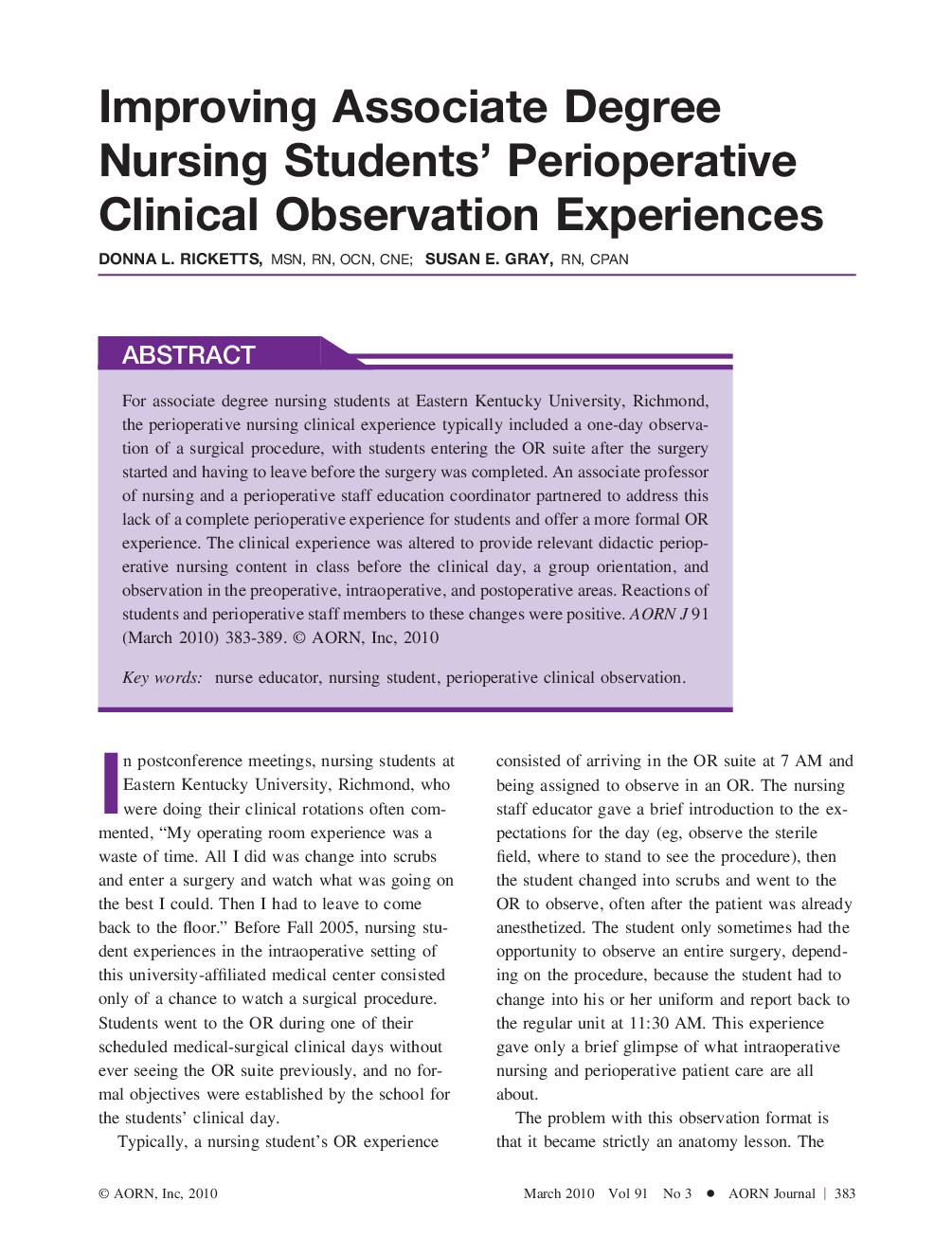 Improving Associate Degree Nursing Students' Perioperative Clinical Observation Experiences