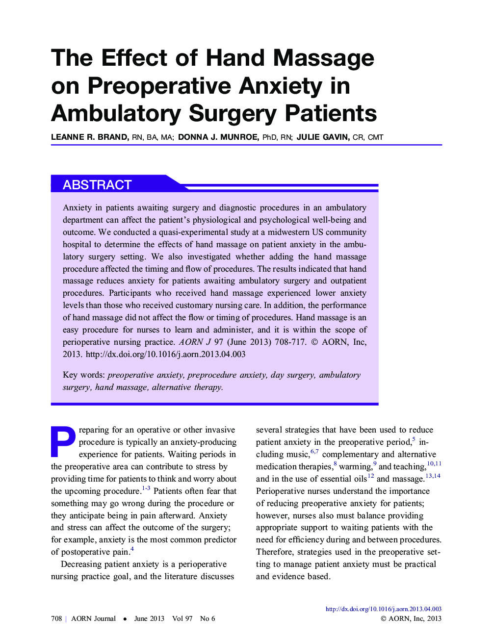 The Effect of Hand Massage on Preoperative Anxiety in Ambulatory Surgery Patients