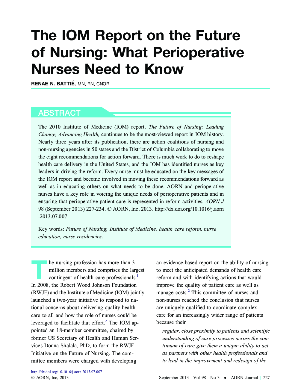 The IOM Report on the Future of Nursing: What Perioperative Nurses Need to Know