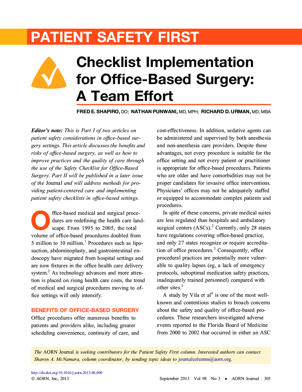Checklist Implementation for Office-Based Surgery: A Team Effort
