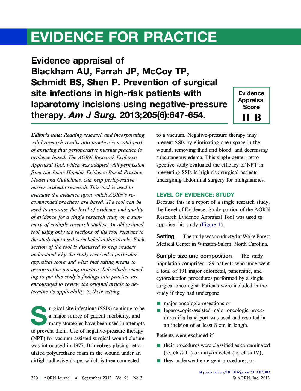 Evidence appraisal of Blackham AU, Farrah JP, McCoy TP, Schmidt BS, Shen P. Prevention of surgical site infections in high-risk patients with laparotomy incisions using negative-pressure therapy. Am J Surg. 2013;205(6):647-654.