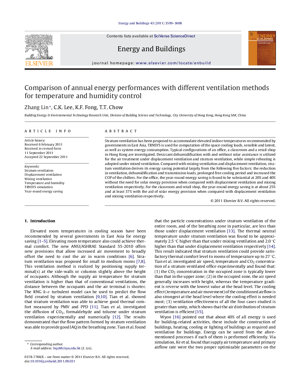 Comparison of annual energy performances with different ventilation methods for temperature and humidity control