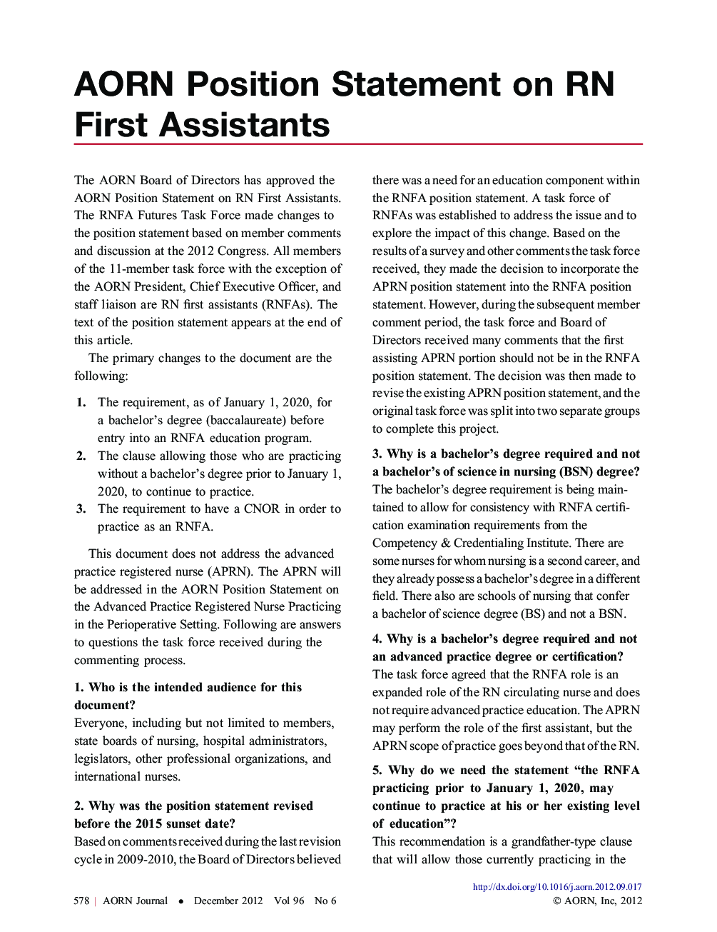 عکس صفحه اول مقاله: AORN Position Statement on RN First Assistants AORN Position Statement on RN First Assistants