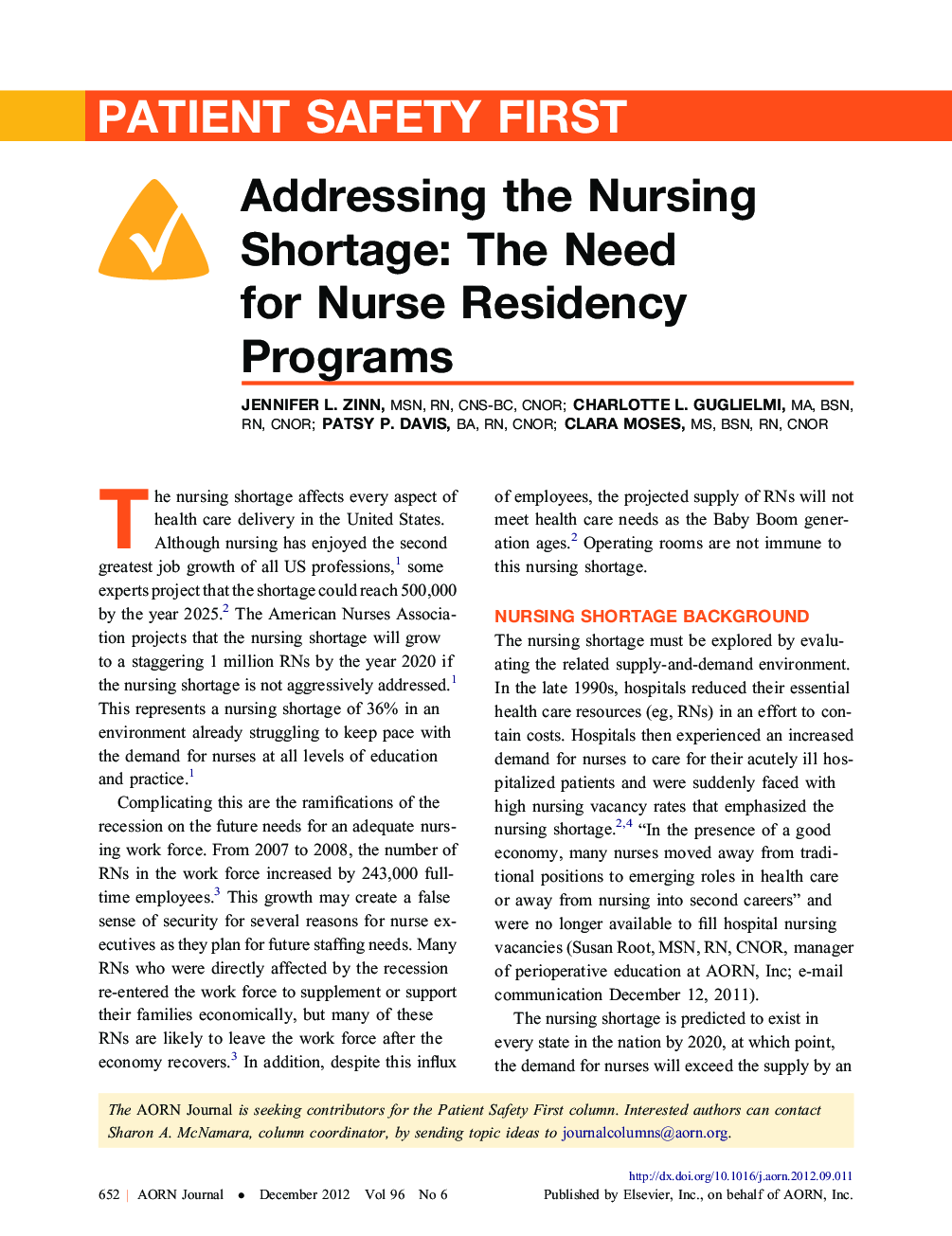 عکس صفحه اول مقاله: Addressing the Nursing Shortage: The Need for Nurse Residency Programs Addressing the Nursing Shortage: The Need for Nurse Residency Programs