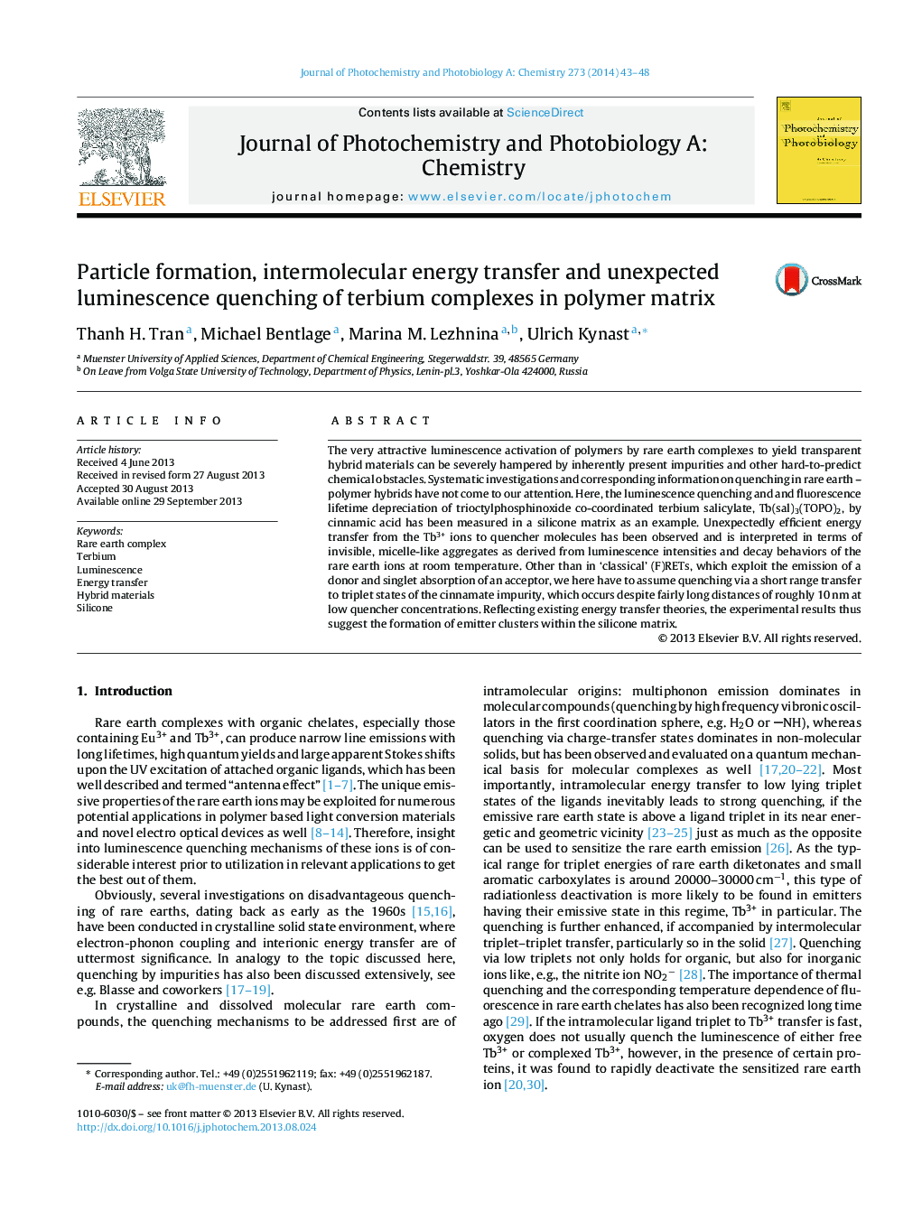 Particle formation, intermolecular energy transfer and unexpected luminescence quenching of terbium complexes in polymer matrix