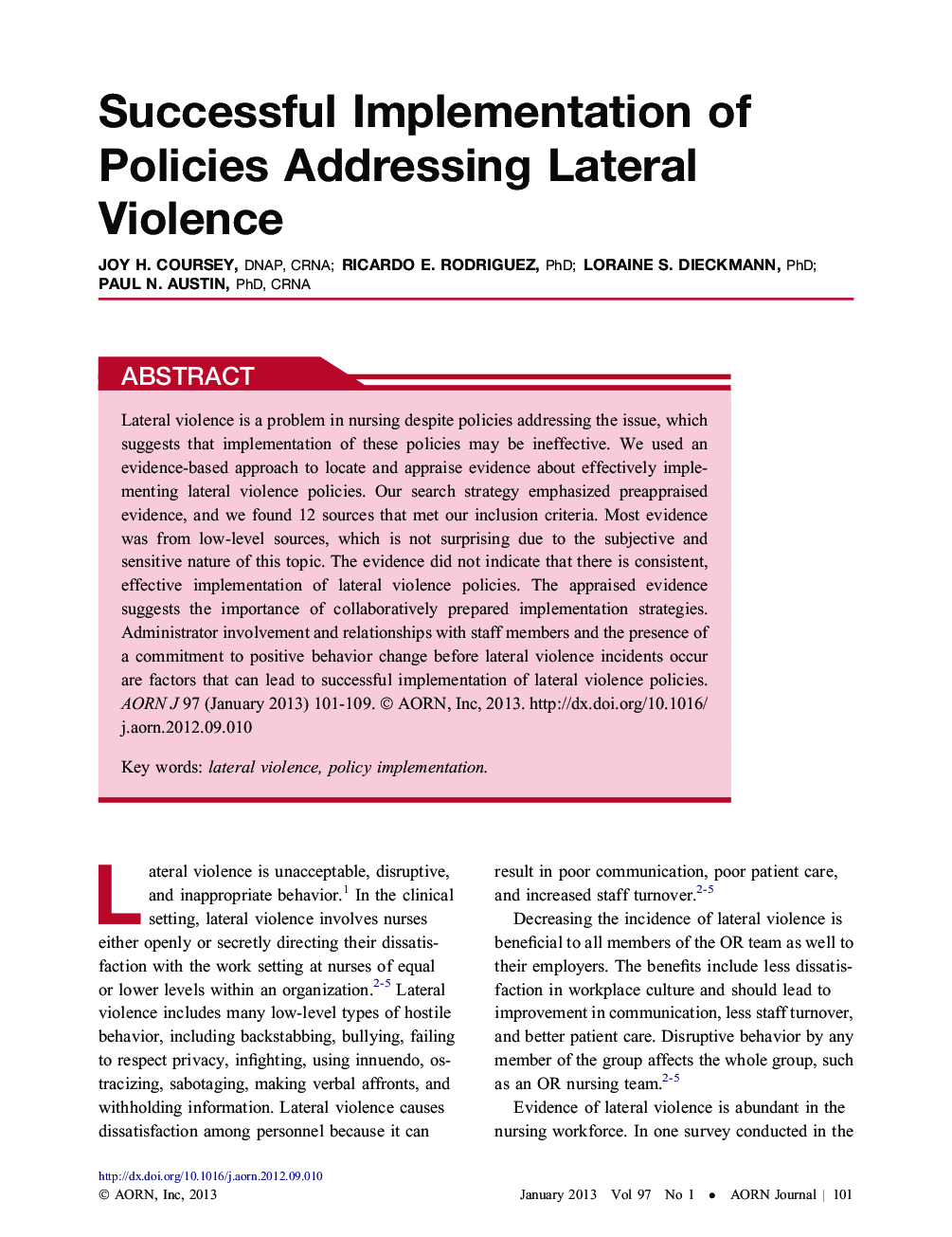 Successful Implementation of Policies Addressing Lateral Violence