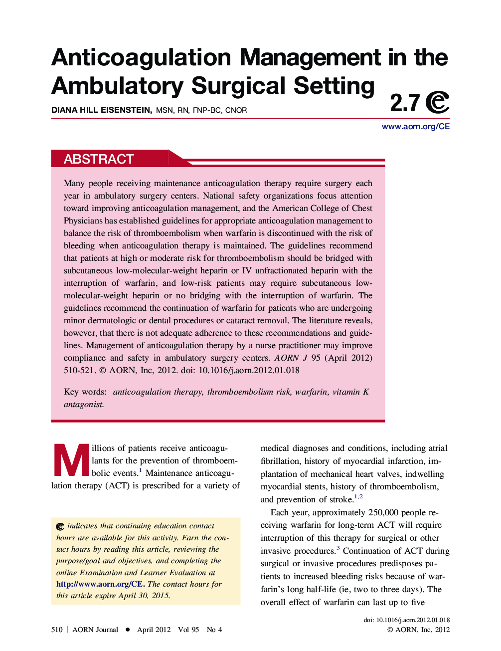 Anticoagulation Management in the Ambulatory Surgical Setting