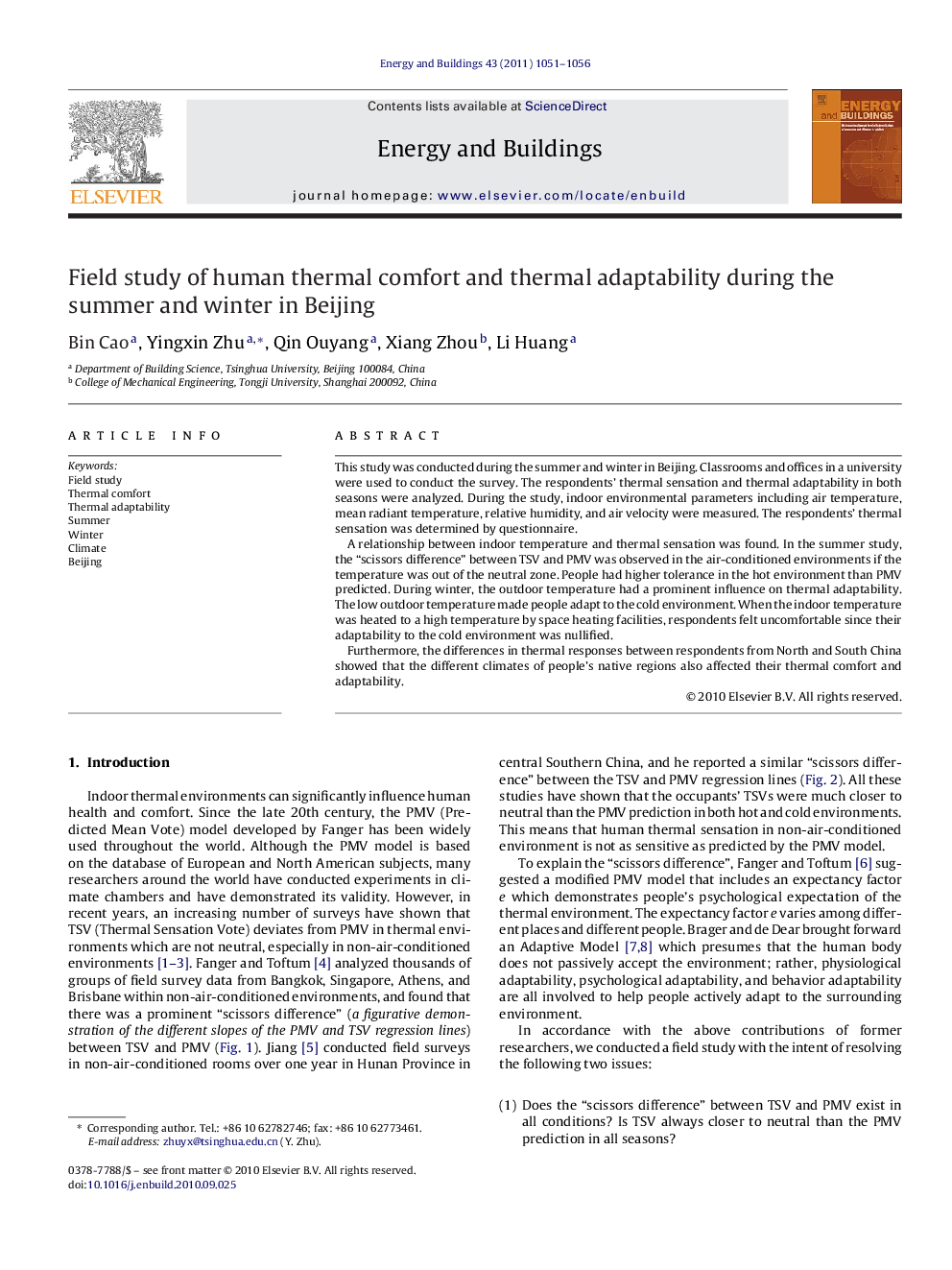 Field study of human thermal comfort and thermal adaptability during the summer and winter in Beijing