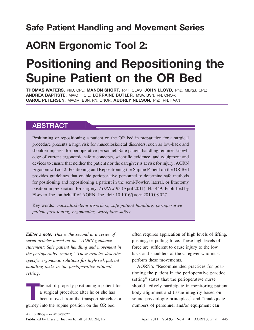 AORN Ergonomic Tool 2: Positioning and Repositioning the Supine Patient on the OR Bed