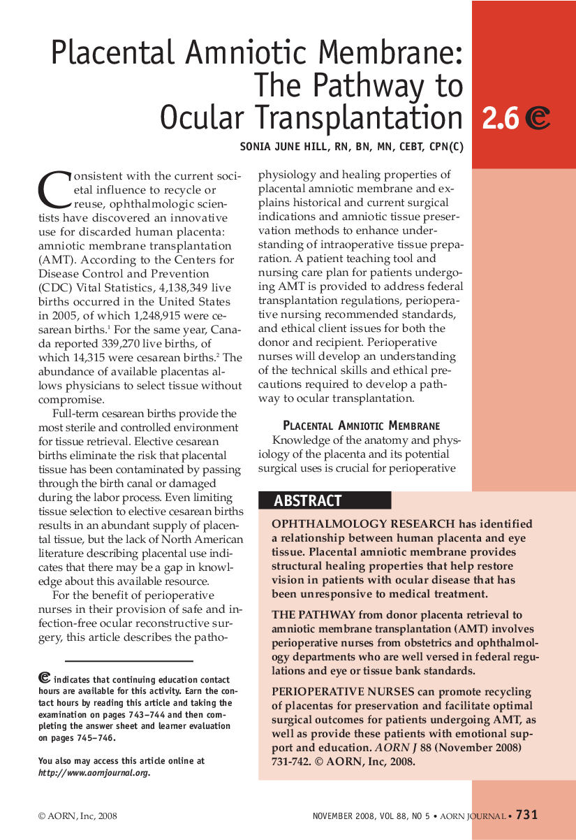 Placental Amniotic Membrane: The Pathway to Ocular Transplantation