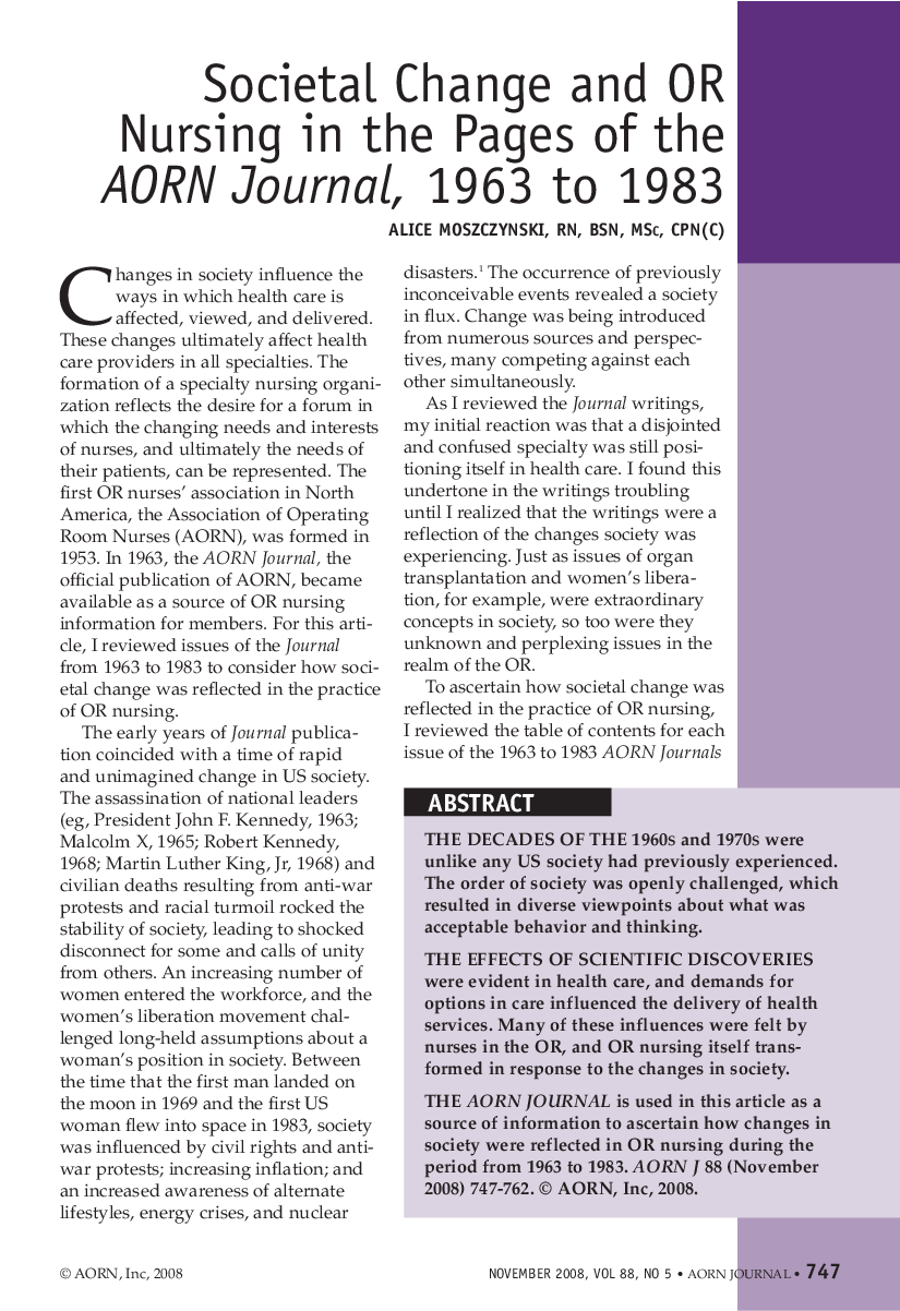 عکس صفحه اول مقاله: Societal Change and OR Nursing in the Pages of the AORN Journal, 1963 to 1983 Societal Change and OR Nursing in the Pages of the AORN Journal, 1963 to 1983