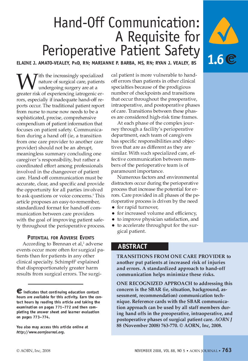 Hand-Off Communication: A Requisite for Perioperative Patient Safety