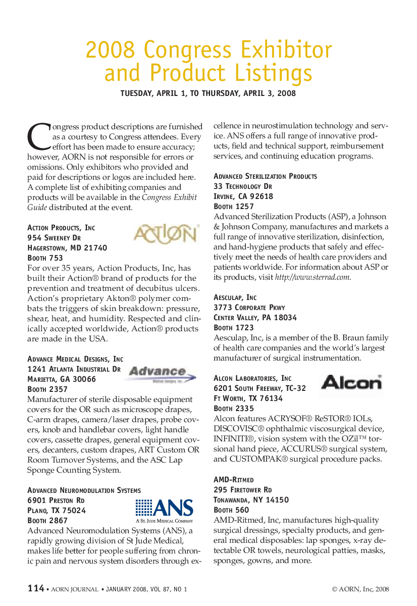2008 Congress Exhibitor and Product Listings