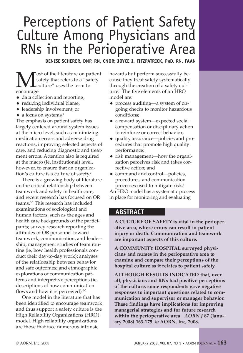 Perceptions of Patient Safety Culture Among Physicians and RNs in the Perioperative Area