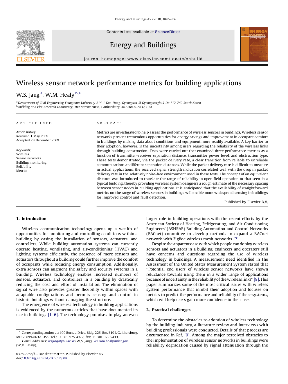 Wireless sensor network performance metrics for building applications