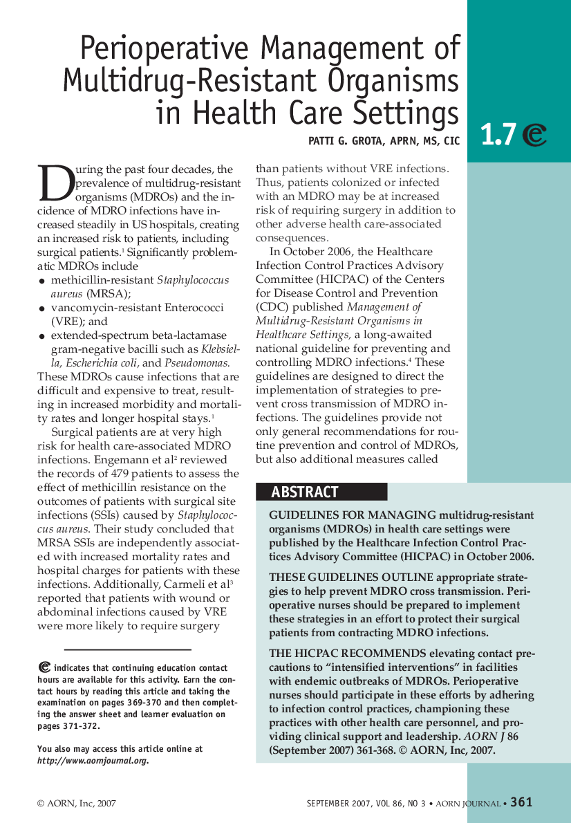 Perioperative Management of Multidrug-Resistant Organisms in Health Care Settings 