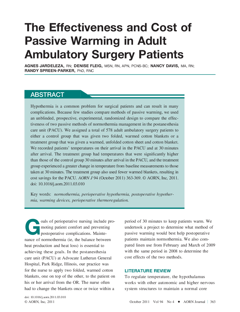 The Effectiveness and Cost of Passive Warming in Adult Ambulatory Surgery Patients