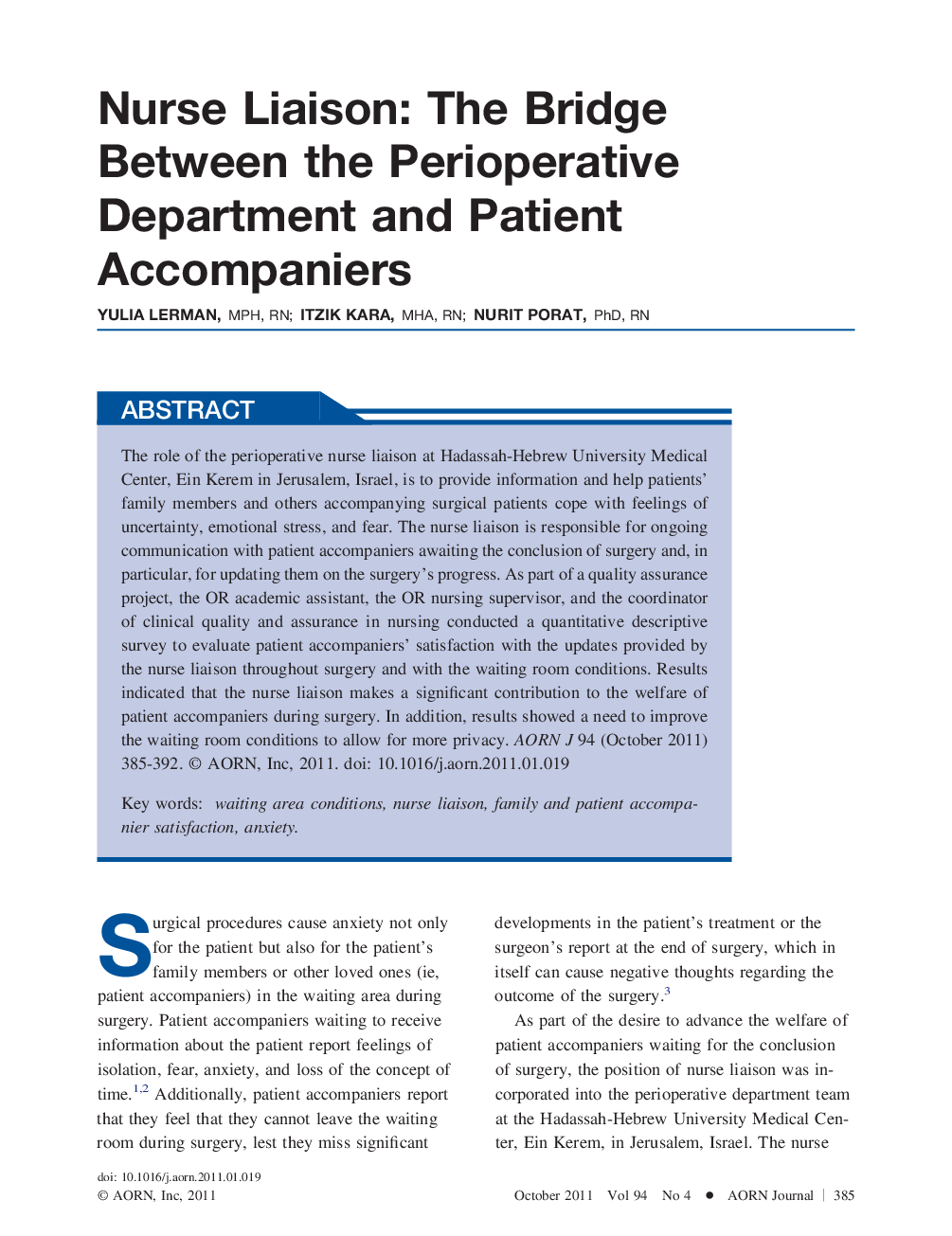 عکس صفحه اول مقاله: Nurse Liaison: The Bridge Between the Perioperative Department and Patient Accompaniers Nurse Liaison: The Bridge Between the Perioperative Department and Patient Accompaniers