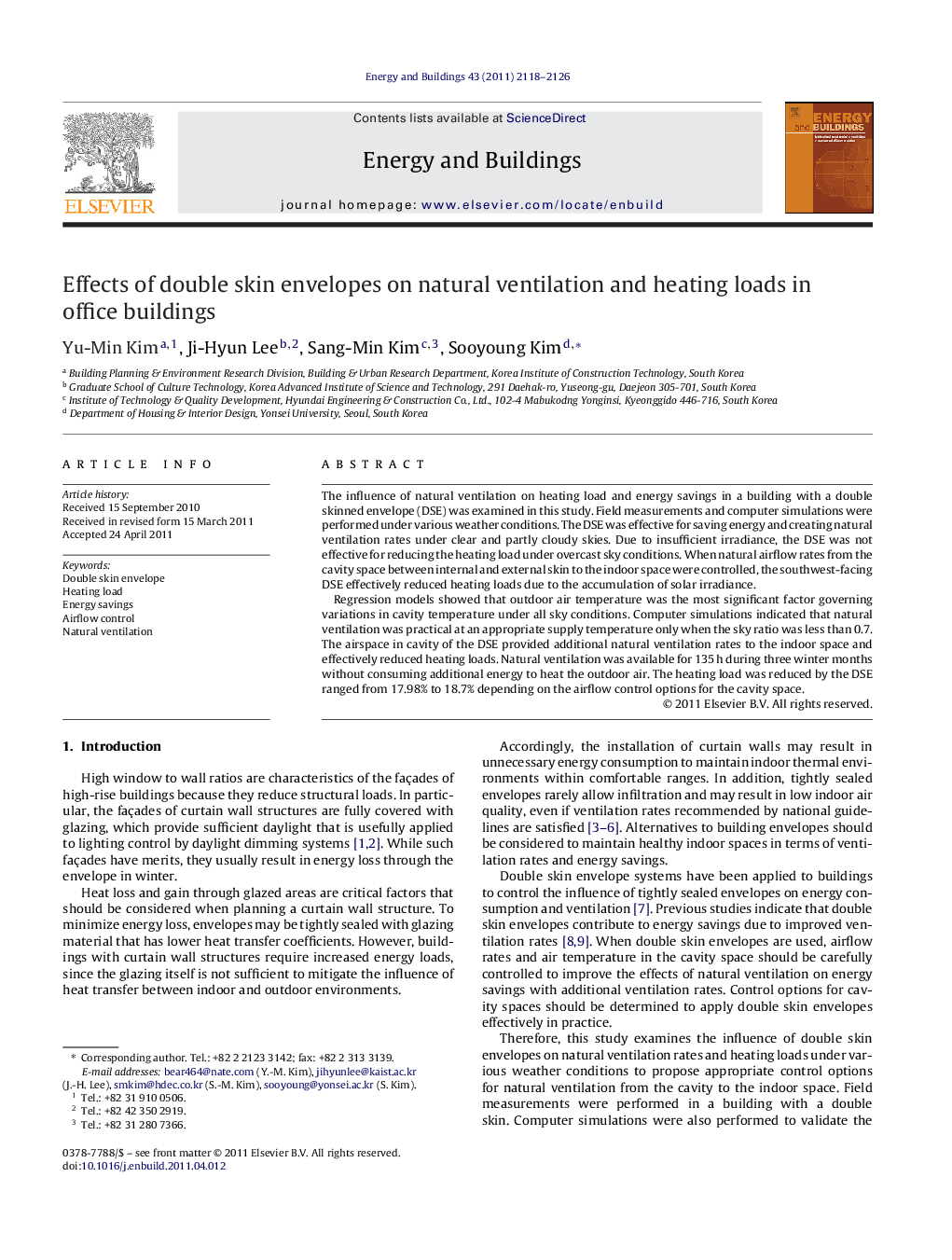 Effects of double skin envelopes on natural ventilation and heating loads in office buildings