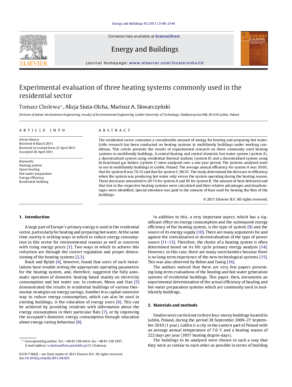 Experimental evaluation of three heating systems commonly used in the residential sector