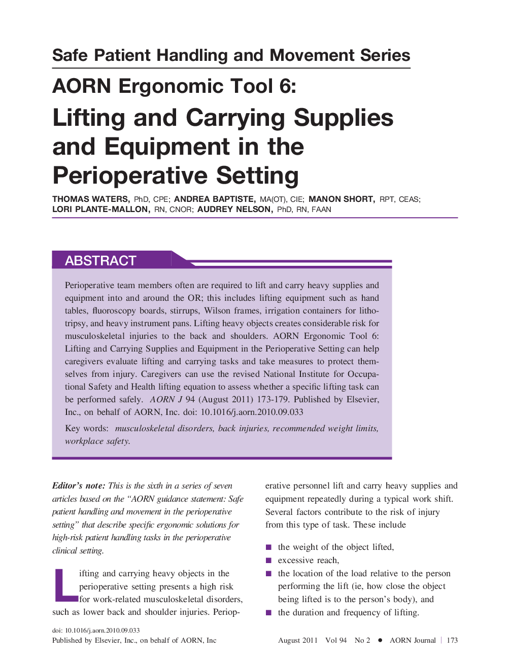 AORN Ergonomic Tool 6: Lifting and Carrying Supplies and Equipment in the Perioperative Setting