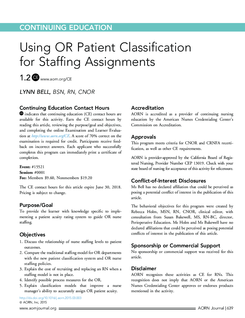 عکس صفحه اول مقاله: Using OR Patient Classification for Staffing Assignments Using OR Patient Classification for Staffing Assignments