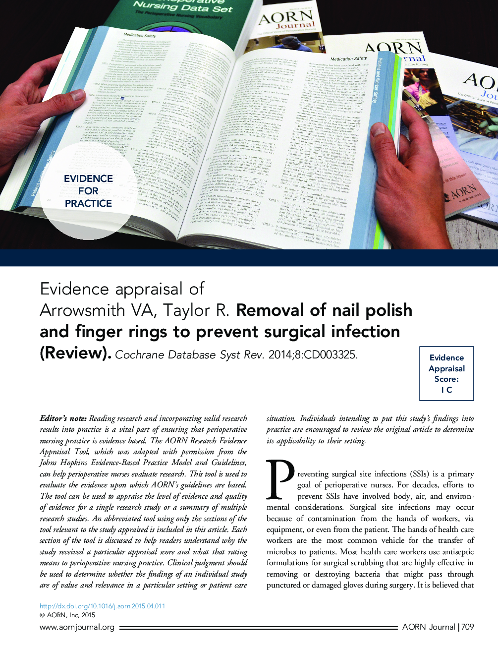 عکس صفحه اول مقاله: Evidence appraisal of Arrowsmith VA, Taylor R. Removal of nail polish and finger rings to prevent surgical infection (Review). Evidence appraisal of Arrowsmith VA, Taylor R. Removal of nail polish and finger rings to prevent surgical infection (Review).