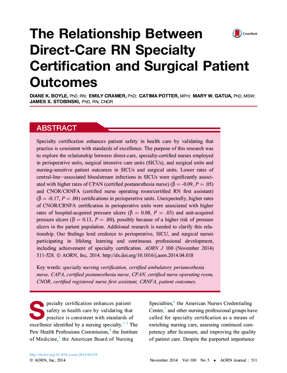 The Relationship Between Direct-Care RN Specialty Certification and Surgical Patient Outcomes