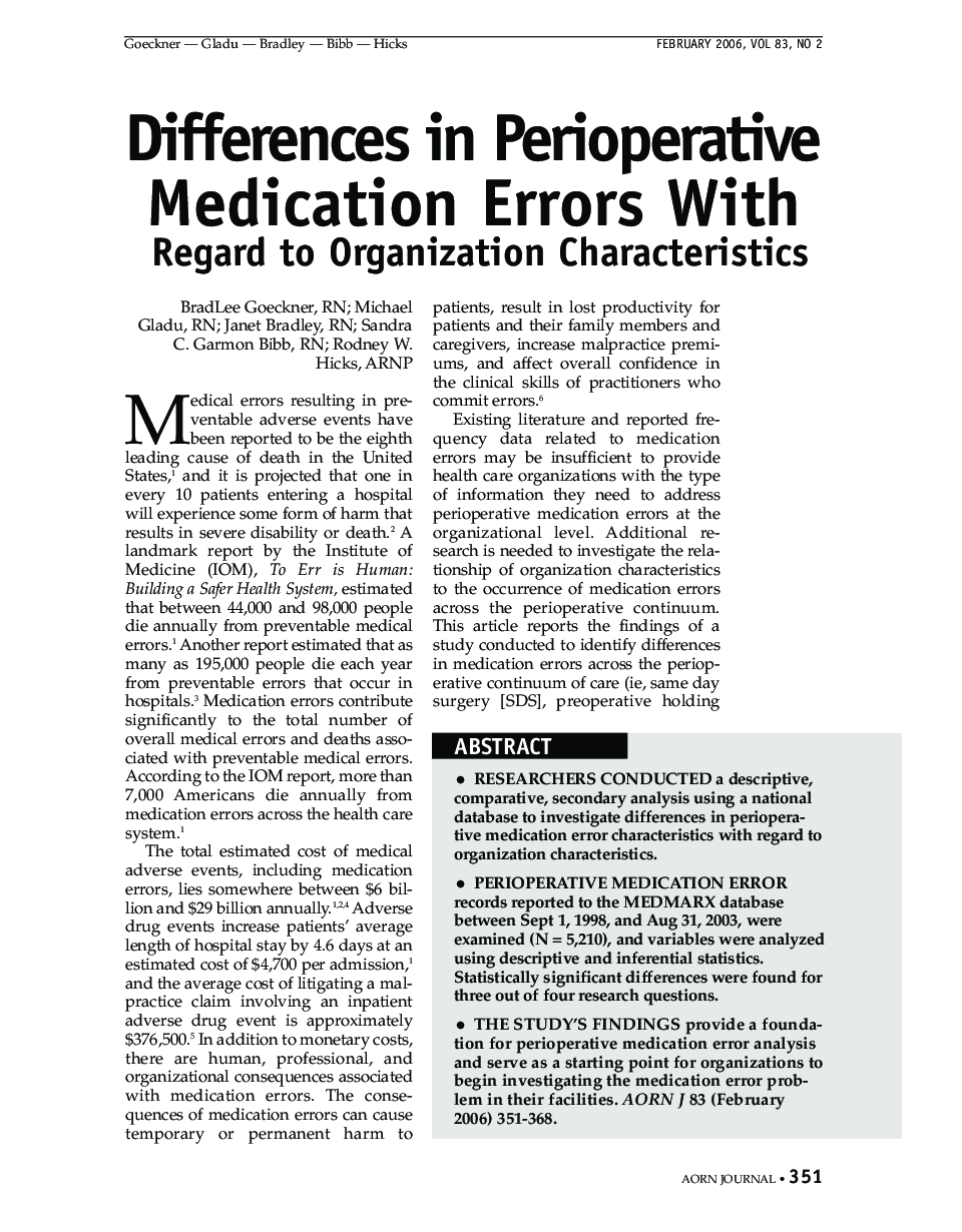 عکس صفحه اول مقاله: Differences in Perioperative Medication Errors With Regard to Organization Characteristics Differences in Perioperative Medication Errors With Regard to Organization Characteristics