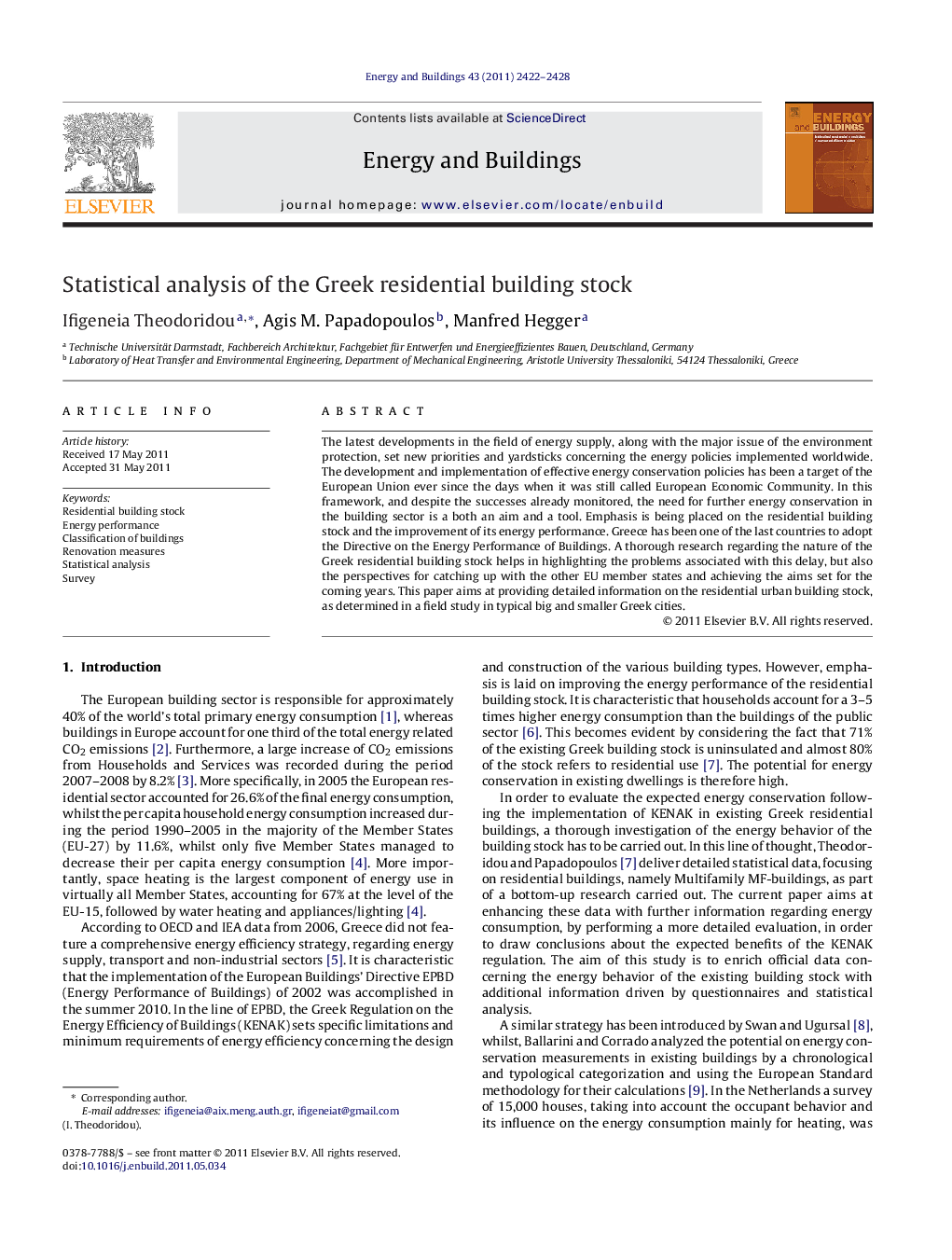 عکس صفحه اول مقاله: Statistical analysis of the Greek residential building stock Statistical analysis of the Greek residential building stock