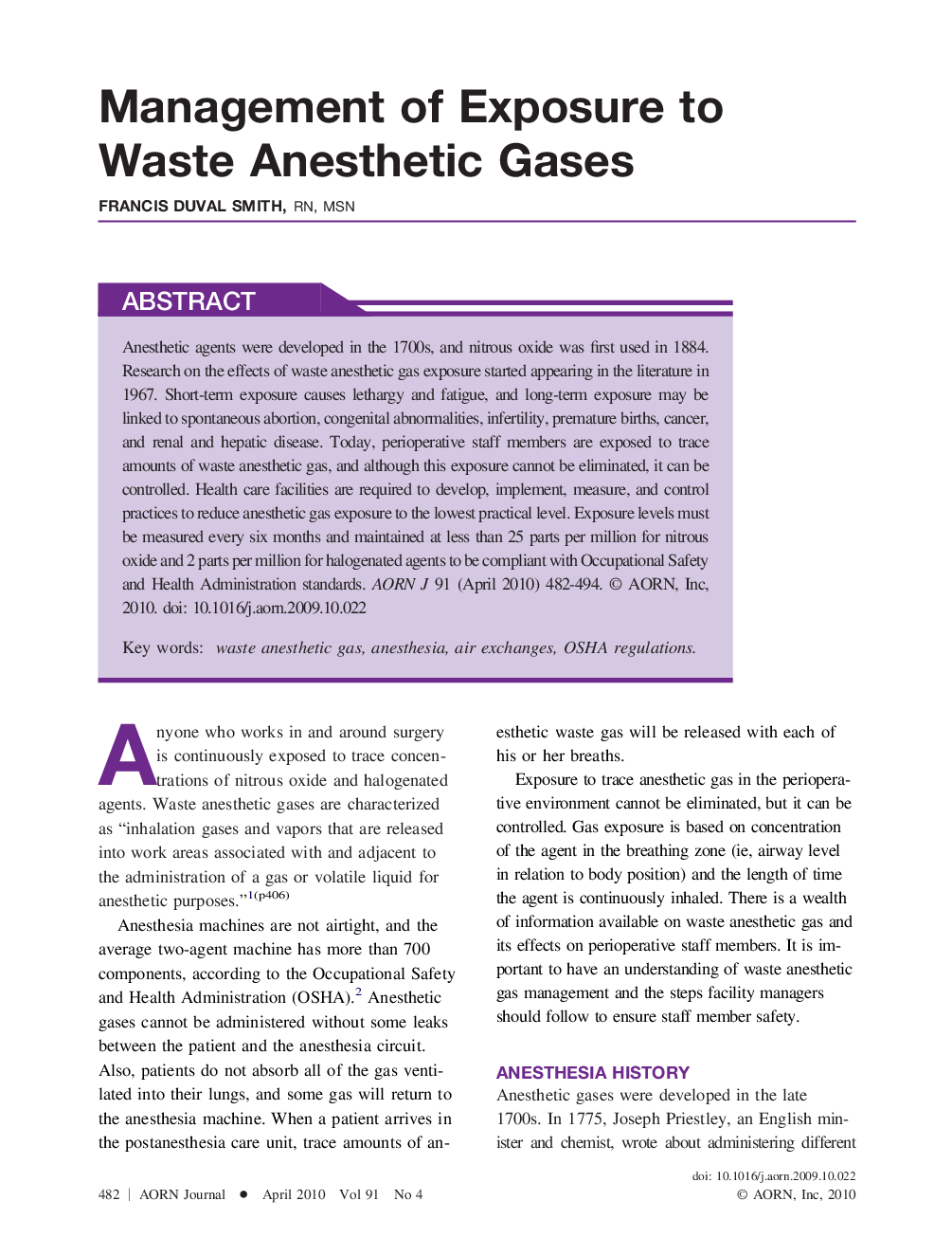 Management of Exposure to Waste Anesthetic Gases