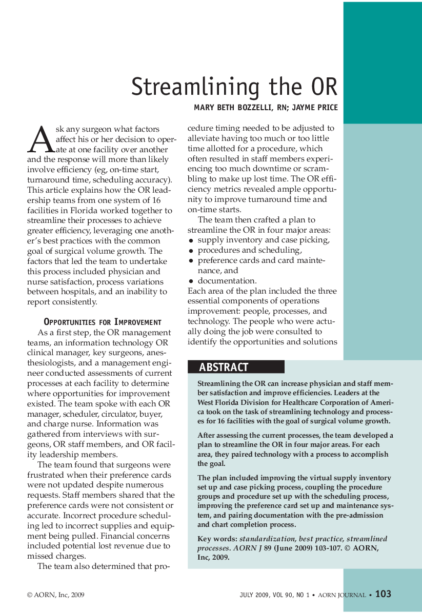 عکس صفحه اول مقاله: Streamlining the OR Streamlining the OR