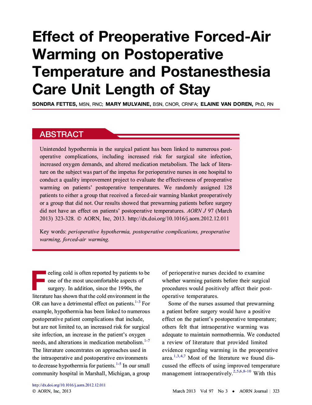 Effect of Preoperative Forced-Air Warming on Postoperative Temperature and Postanesthesia Care Unit Length of Stay