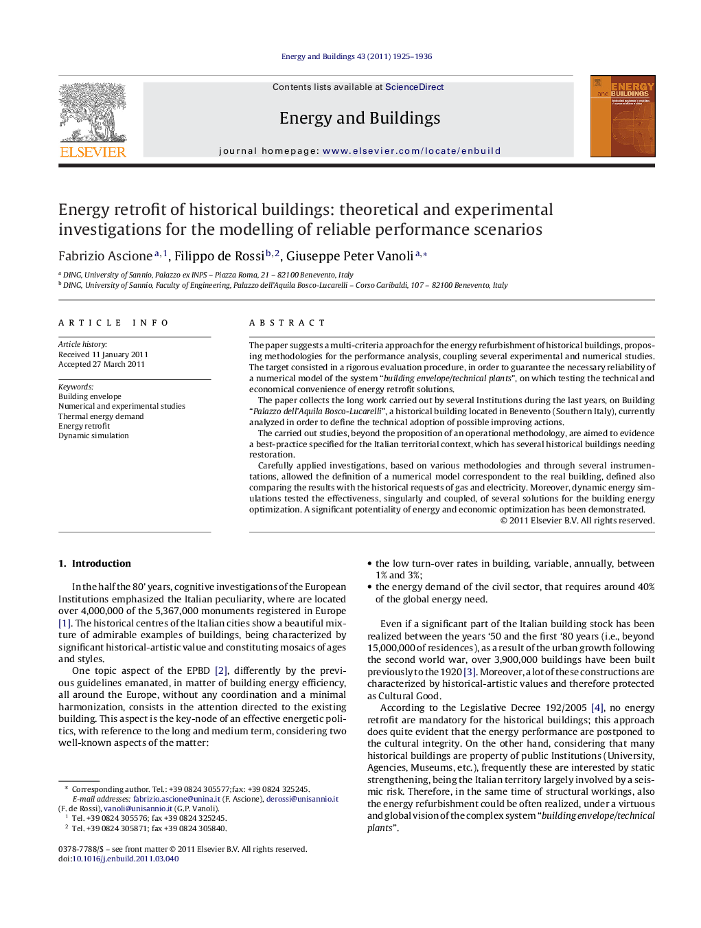 Energy retrofit of historical buildings: theoretical and experimental investigations for the modelling of reliable performance scenarios