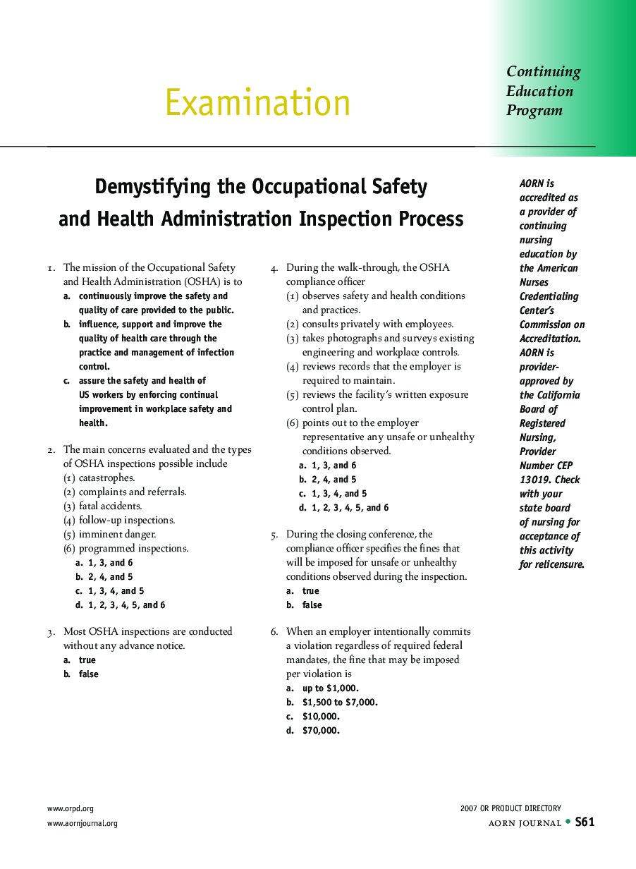 عکس صفحه اول مقاله: Examination: Demystifying the Occupational Safety and Health Administration Inspection Process Examination: Demystifying the Occupational Safety and Health Administration Inspection Process