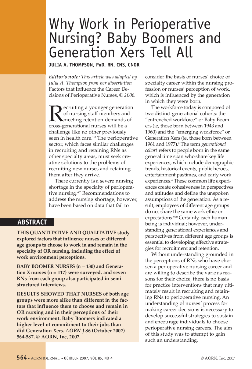 عکس صفحه اول مقاله: Why Work in Perioperative Nursing? Baby Boomers and Generation Xers Tell All Why Work in Perioperative Nursing? Baby Boomers and Generation Xers Tell All