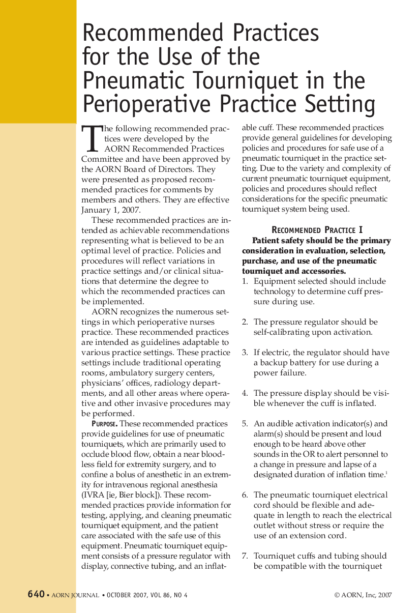 عکس صفحه اول مقاله: Recommended Practices for the Use of the Pneumatic Tourniquet in the Perioperative Practice Setting Recommended Practices for the Use of the Pneumatic Tourniquet in the Perioperative Practice Setting