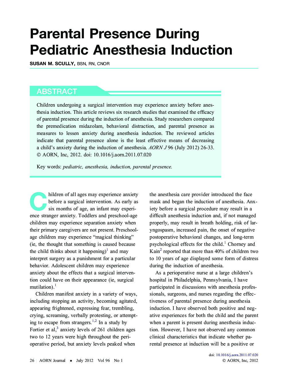 Parental Presence During Pediatric Anesthesia Induction