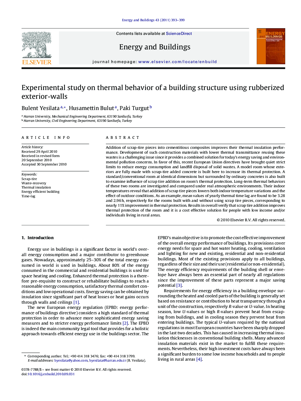 Experimental study on thermal behavior of a building structure using rubberized exterior-walls